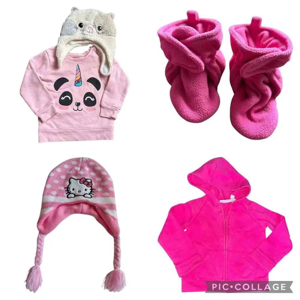 Nike Hello Kitty Girls 2T Bundle- Pink Fleece Hoodie Panda Sweatshirt Boots Hats